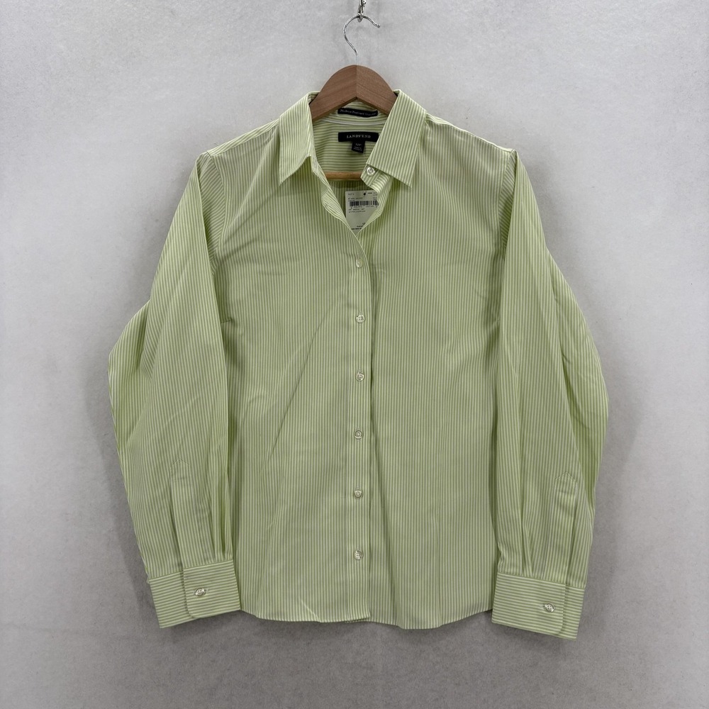 Lands End Shirt Womens 12P Petite Green Stripe No Iron Pinpoint Oxford Career